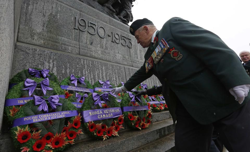 A veteran lays a wreath during the Remembrance Day ceremony at the National War Memorial in Ottawa November 11, 2013. REUTERS/Chris Wattie (CANADA - Tags: MILITARY ANNIVERSARY)