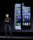 Apple CEO Tim Cook talks on stage during the introduction of the new iPhone 5 in San Francisco, Wednesday, Sept. 12, 2012. (AP Photo/Eric Risberg)