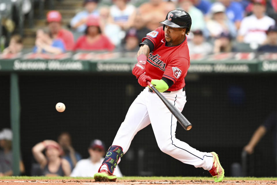 Cleveland Guardians' José Ramírez hits a double during the first inning of a baseball game against the Kansas City Royals, Saturday, July 8, 2023, in Cleveland. (AP Photo/Nick Cammett)