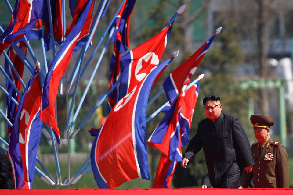 North Korean leader Kim Jong Un arrives for an opening ceremony of a newly constructed residential complex iin Pyongyang, April 13, 2017.