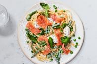 When you're able to get local asparagus, nothing's better than this spring pasta recipe. Smoked salmon adds a nice, rich saltiness (and extra protein!) to this seasonal one-pot pasta without any extra work for the cook. Basil amps up the freshness of each bite. <a href="https://www.epicurious.com/recipes/food/views/one-pot-spring-pasta-with-smoked-salmon?mbid=synd_yahoo_rss" rel="nofollow noopener" target="_blank" data-ylk="slk:See recipe." class="link rapid-noclick-resp">See recipe.</a>
