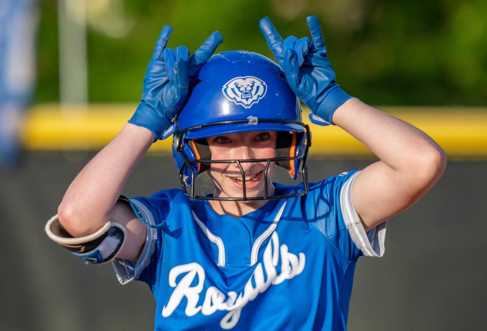 HSE junior Addy Justice celebrates after doubling Monday, May 22, 2023, as Fishers takes on HSE in an IHSAA softball sectional at Noblesville High School in Noblesville. HSE beat Fishers 6-3.
