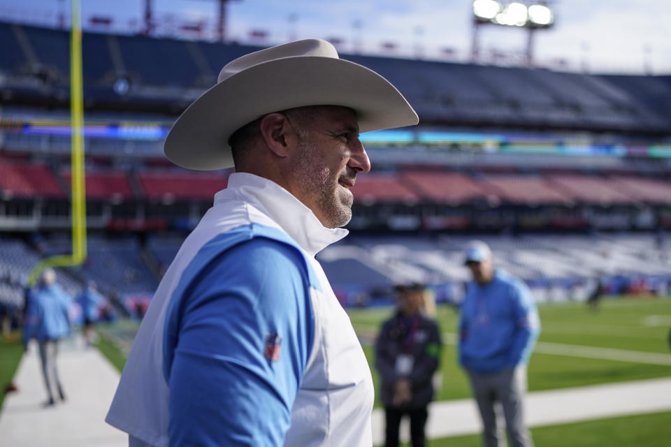 Tennessee Titans head coach Mike Vrabel walks on the field before an NFL football game between the Tennessee Titans and the Houston Texans, Sunday, Dec. 17, 2023, in Nashville, Tenn. (AP Photo/George Walker IV)