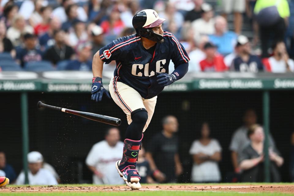 Aug 30, 2024; Cleveland, Ohio, USA; Cleveland Guardians first baseman Josh Naylor (22) hits an RBI double during the first inning against the Pittsburgh Pirates at Progressive Field. Mandatory Credit: Ken Blaze-USA TODAY Sports