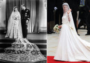 <p>We'll always love a long, flowing veil. For her wedding to Prince Philip, Queen Elizabeth, pictured on the left, famously saved up ration cards to buy her dress and veil. Today, the romantic trend continues, as seen on the Queen's granddaughter-in-law, Catherine, Duchess of Cambridge<span>.</span></p>