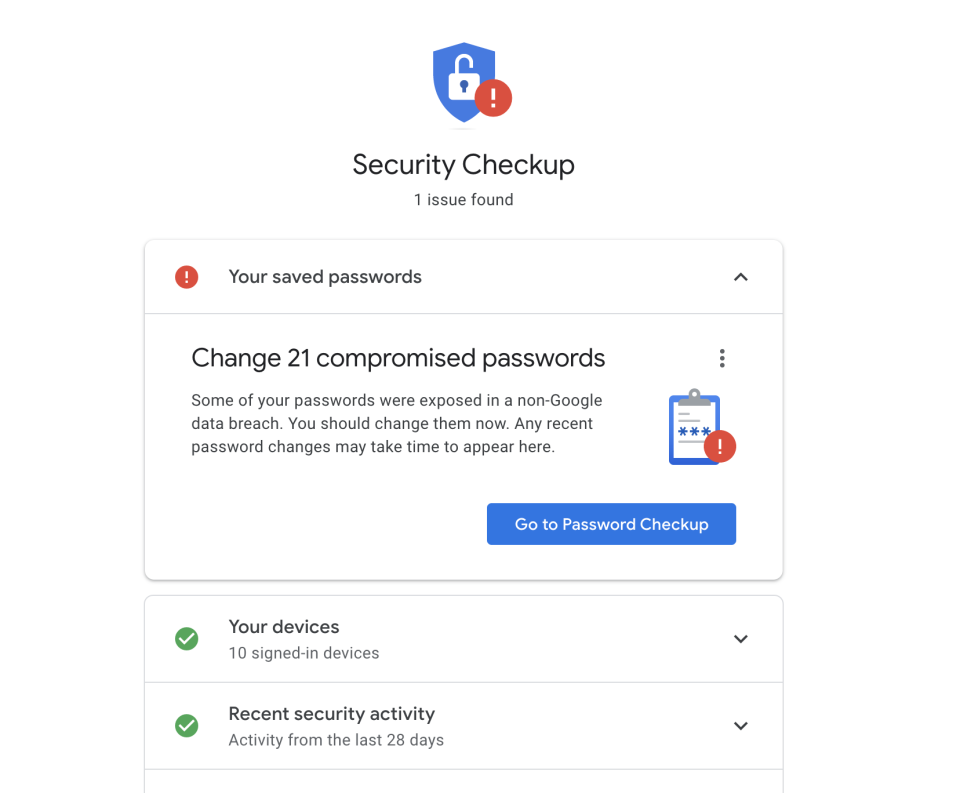 Your Google account can also provide you with information about potentially problematic passwords. (Image: Howley)