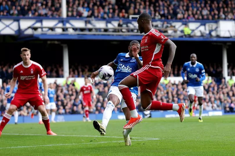 Nottingham Forest appealed for a penalty over a handball from Everton's Ashley Young as he blocked a Callum Hudson-Odoi cross