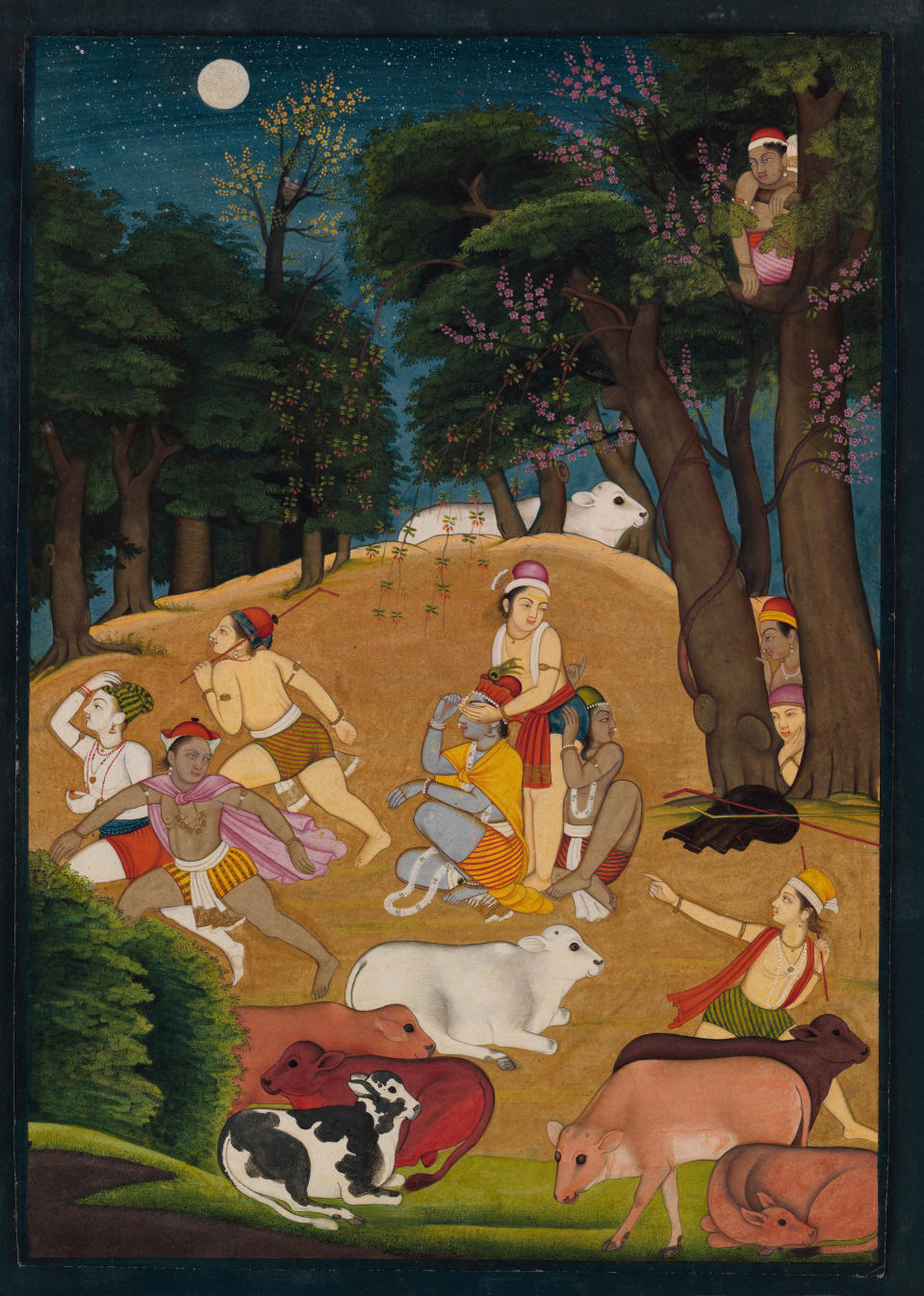 "Hide-and-Seek: Krishna Playing a Game with the&nbsp;Gopas (Cowherds)"&nbsp;Ascribed to the artist Manaku (ca. 1700&ndash;ca. 1760)&nbsp;Punjab Hills, kingdom of Guler, ca. 1750&ndash;55.&nbsp;Opaque watercolor, ink, and gold on paper; narrow&nbsp;dark blue border (probably trimmed); painting 9 5/8 x 6. Promised Gift of the Kronos Collections, 2015.