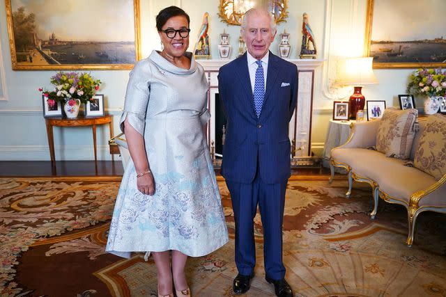 <p>YUI MOK/POOL/AFP via Getty Images</p> Baroness Scotland of Asthal, the Commonwealth Secretary General, and King Charles meet at Buckingham Palace in London on March 13, 2024.