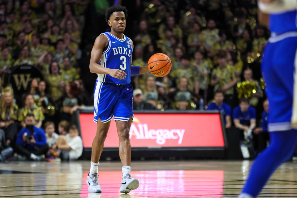 WINSTON-SALEM, NC - FEBRUARY 24: Jeremy Roach #3 of the Duke Blue Devils brings the ball down the court during a basketball game against the Wake Forest Demon Deacons at Lawrence Joel Veterans Memorial Coliseum on February 24, 2024 in Charlotte, North Carolina.(Photo by David Jensen/Icon Sportswire via Getty Images)