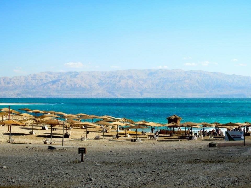 The Dead Sea with mountains in the backdrop.
