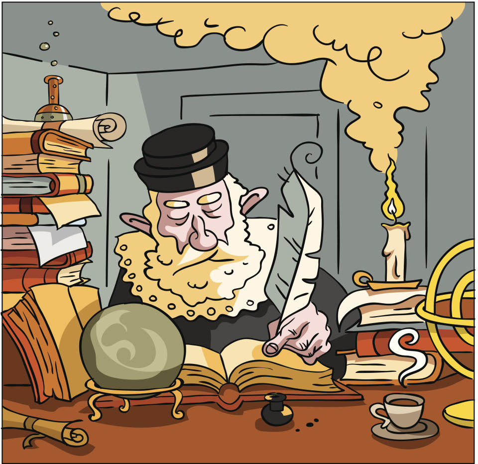Divertida caricatura de Nostradamus, anciano, mago con pluma escribiendo el futuro en su pequeña habitación con una bola de cristal. (Getty Images)