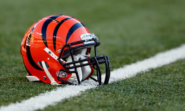 A general photo of a Cincinnati Bengals helmet on the field.