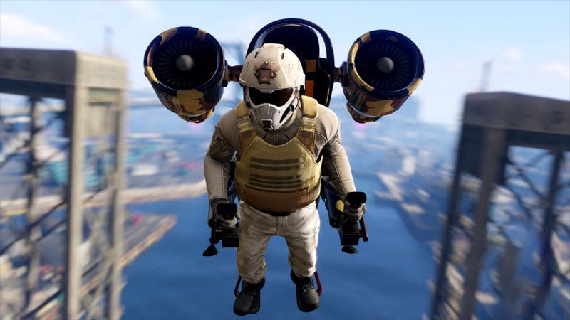 A GTA V character rockets through two towers using a jetpack.