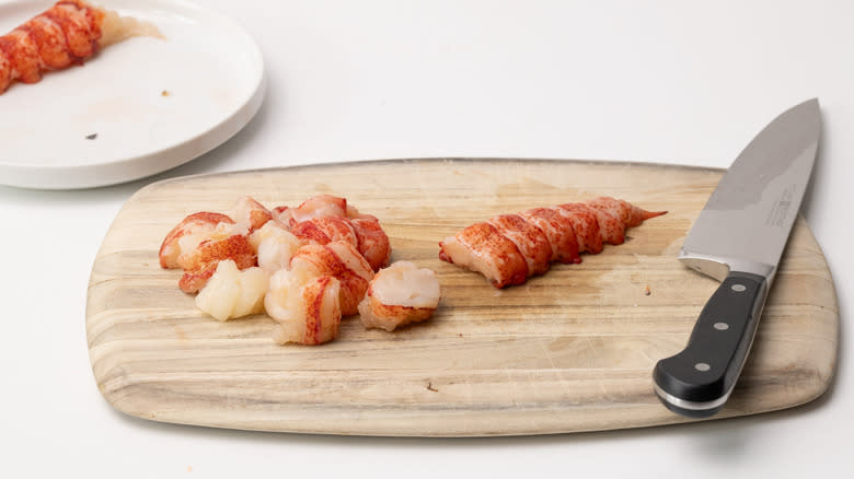 lobster meat on chopping board