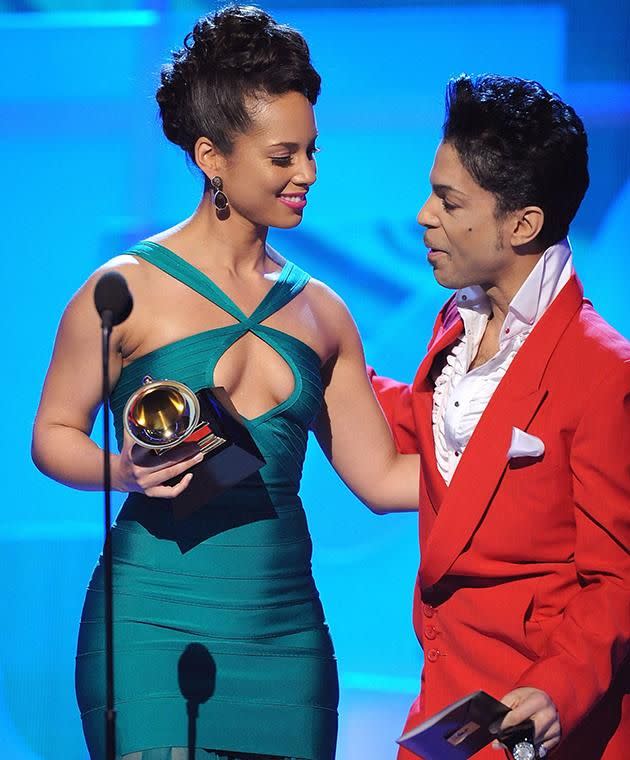 Alicia Keys and Prince onstage at the 2008 Grammys.