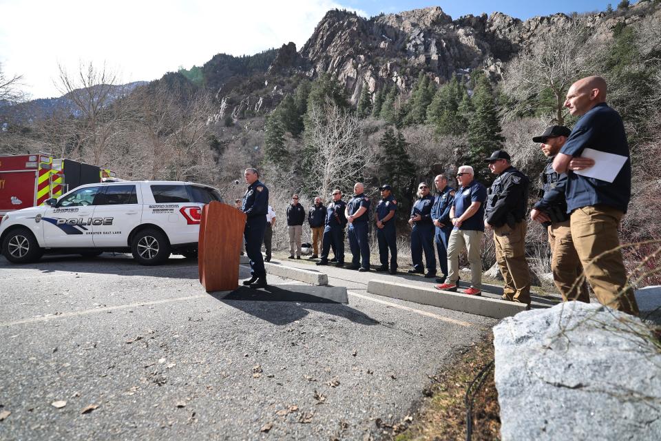 Unified Fire Authority Assistant Chief Dustin Dern speaks as officials gather at Ledgemere Picnic Area in Big Cottonwood Canyon for a press conference on Friday, April 14, 2023. The officials encouraged people to stay away from the spring runoff water and use extreme caution with kids and animals when around water. | Scott G Winterton, Deseret News