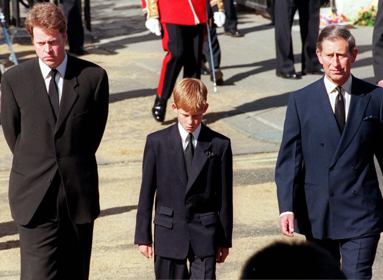 Earl Spencer, Prince Harry (12 at the time) and the then Prince Charles at the funeral of Princess Diana in 1997