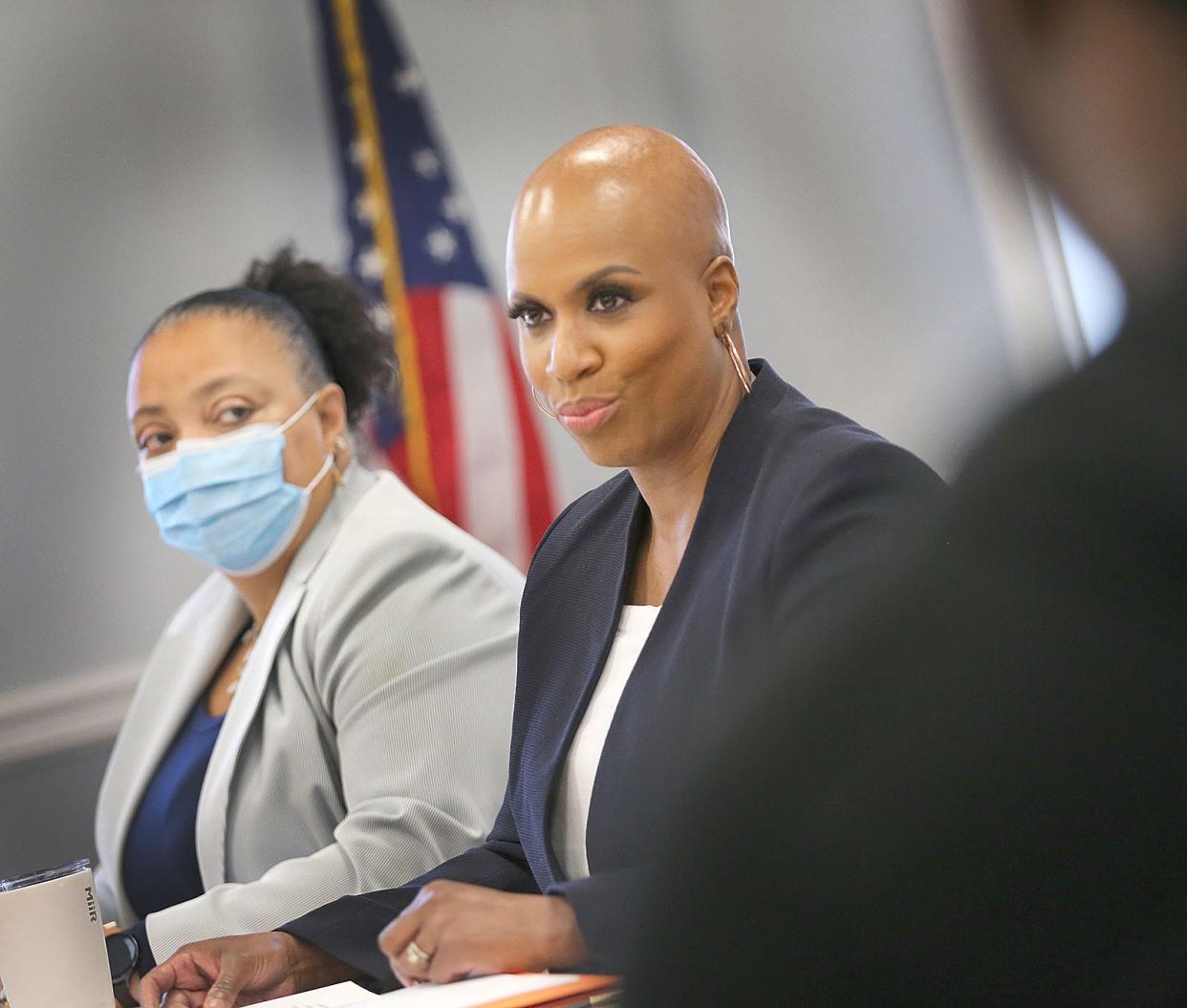 Randolph School Superintendent Thea Stovell with U.S. Rep. Ayanna Pressley.