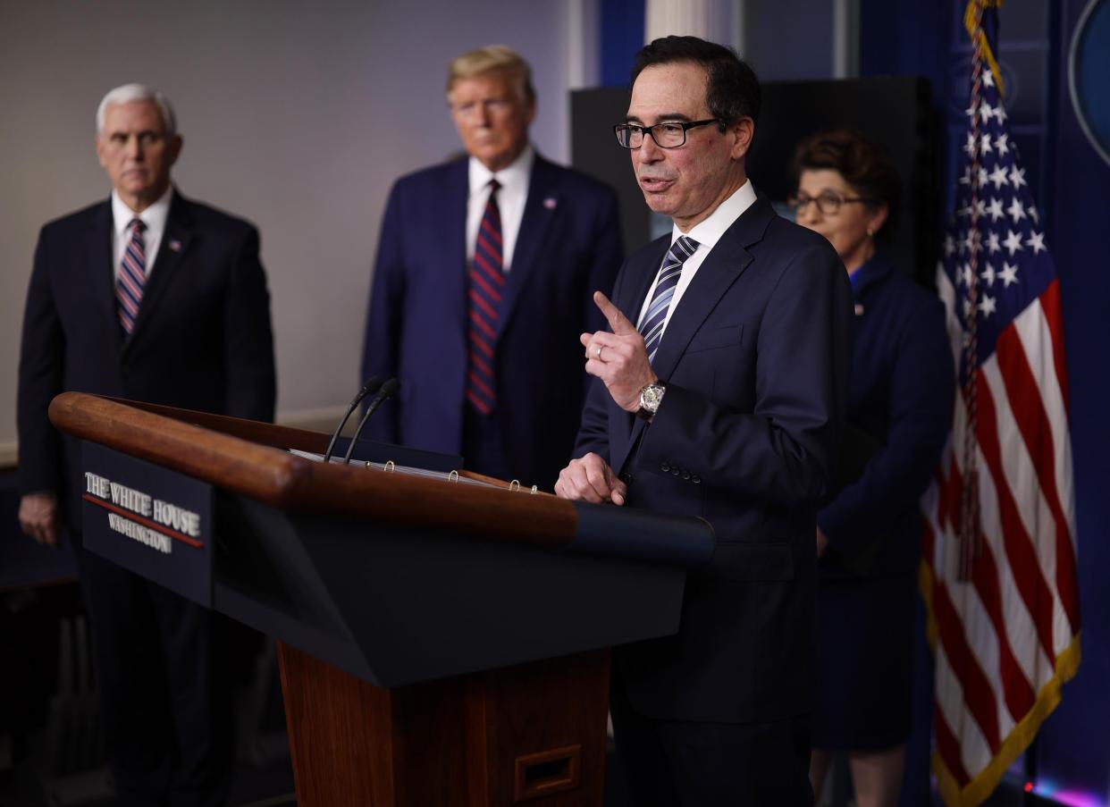 Treasury Secretary Steven Mnuchin speaks in the press briefing room with President Donald Trump, Vice President Mike Pence and Small Business Administrator Jovita Carranza on 2 April, 2020: Photo by Win McNamee/Getty Images