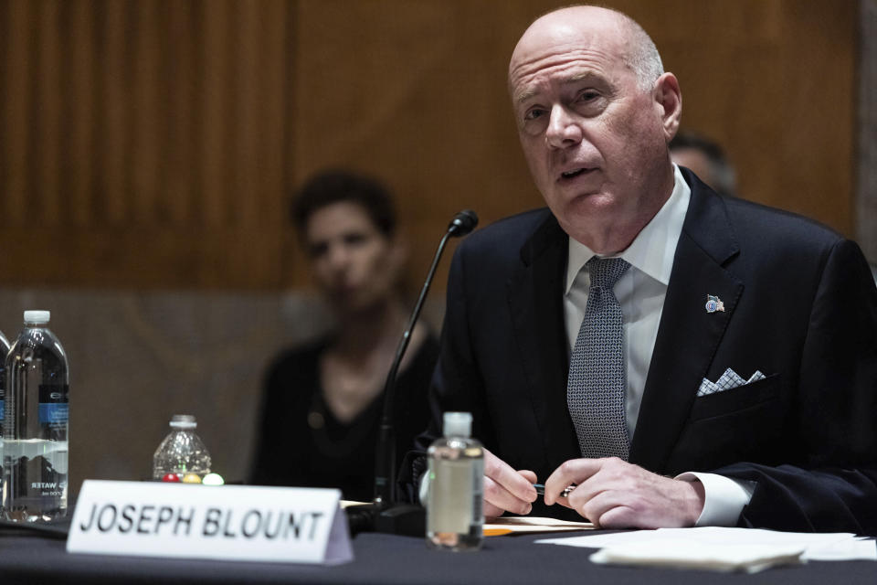 Colonial Pipeline CEO Joseph Blount testifies during a Senate Homeland Security and Government Affairs Committee hearing one day after the Justice Department revealed it had recovered the majority of the $4.4 million ransom payment the company made in hopes of getting its system back online, Tuesday, June 8, 2021, on Capitol Hill, in Washington. (Graeme Jennings/Pool via AP)