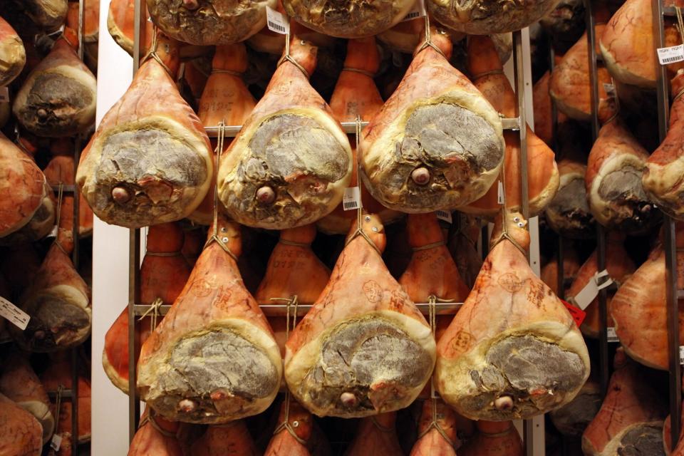 Prosciutto di Parma, cured pork thighs, are matured at the modern state-of-the-art Ruliano prosciutto production plant