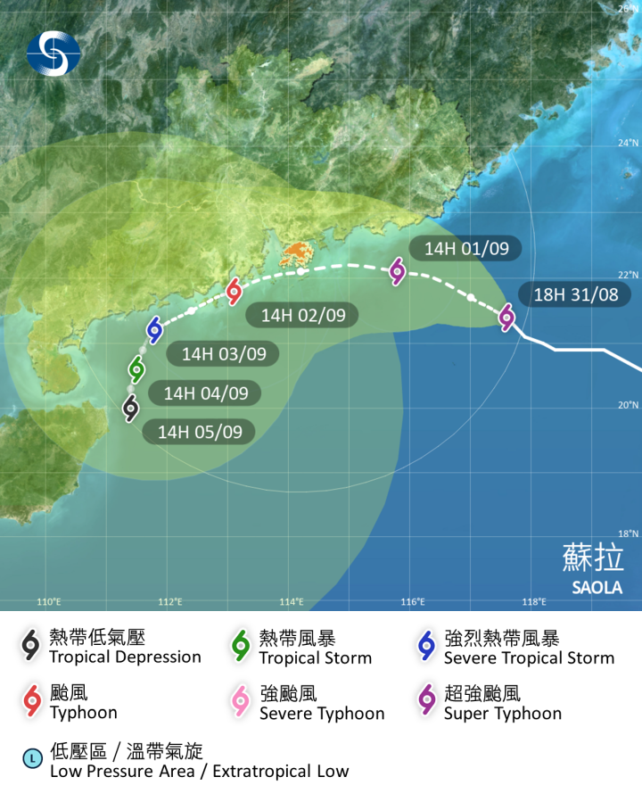 超強颱風蘇拉在香港時間 2023 年 08 月 31 日 18 時的最新資料。最新路徑仍然顯示，蘇拉或在星期六（2 日）凌晨最接近香港，在天文台以南 20 餘公里掠過，蘇拉的颶風圈有較大機會影響本港。
