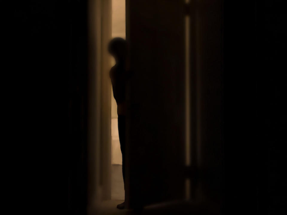 a creepy silhouette of someone peering through an open door