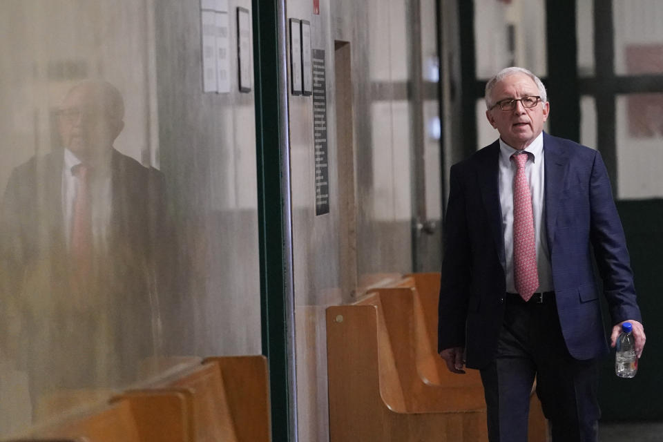 Eagles manager Irving Azoff leaves supreme court after testifying, Wednesday, Feb. 21, 2024, in New York. A criminal case involving handwritten lyrics to the classic rock megahit "Hotel California" and other Eagles favorites went to trial Wednesday in New York, with three men accused of scheming to thwart band co-founder Don Henley's efforts to reclaim the allegedly ill-gotten documents. (AP Photo/Mary Altaffer)