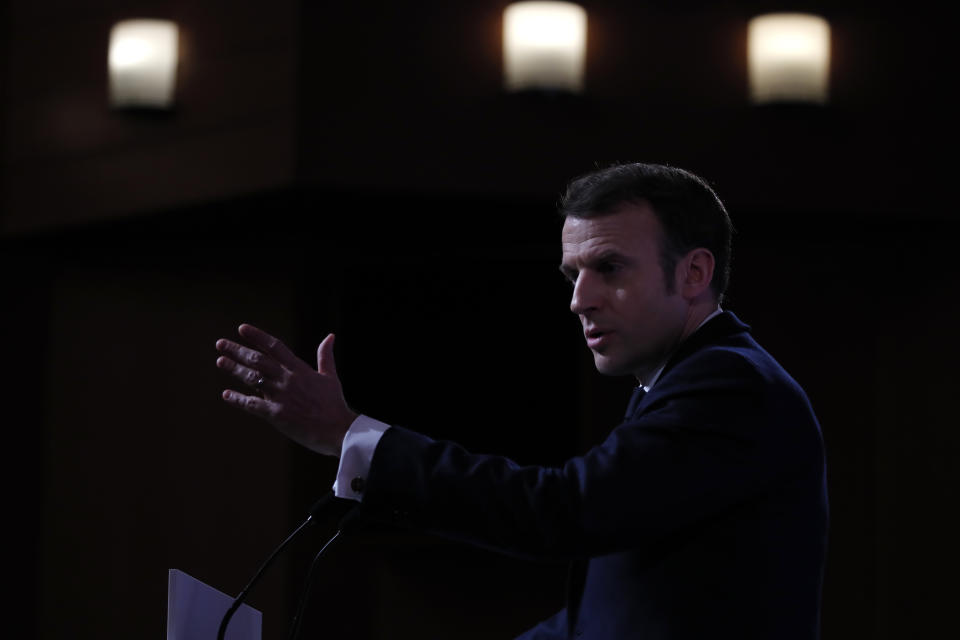 French President Emmanuel Macron delivers a speech at the Ecole Militaire Friday, Feb. 7, 2020 in Paris. French President Emmanuel Macron, who leads the European Union's only post-Brexit nuclear power, on Friday advocated a more coordinated EU defense strategy in which France, and its arsenal, would hold a central role. (AP Photo/Francois Mori, Pool)