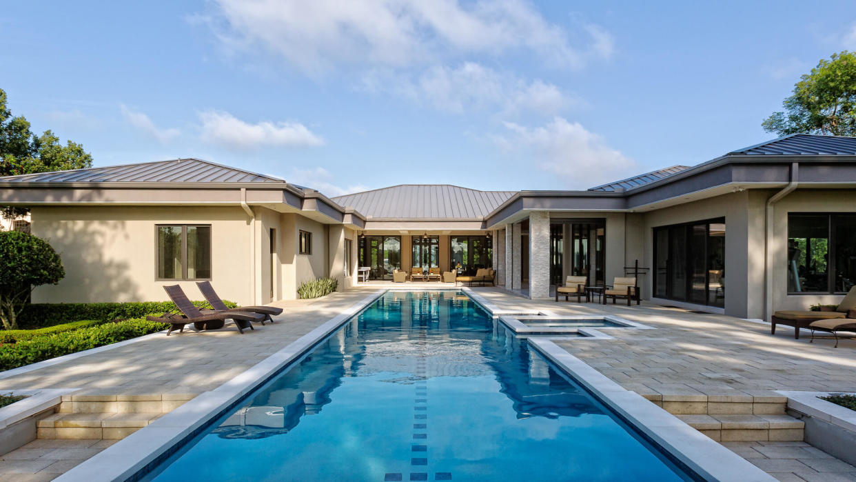 A beautiful pool deck setting on a calm summer morning.