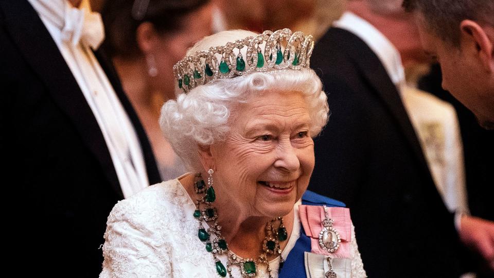 The Queen wearing the The Grand Duchess Vladimir Tiara with emeralds