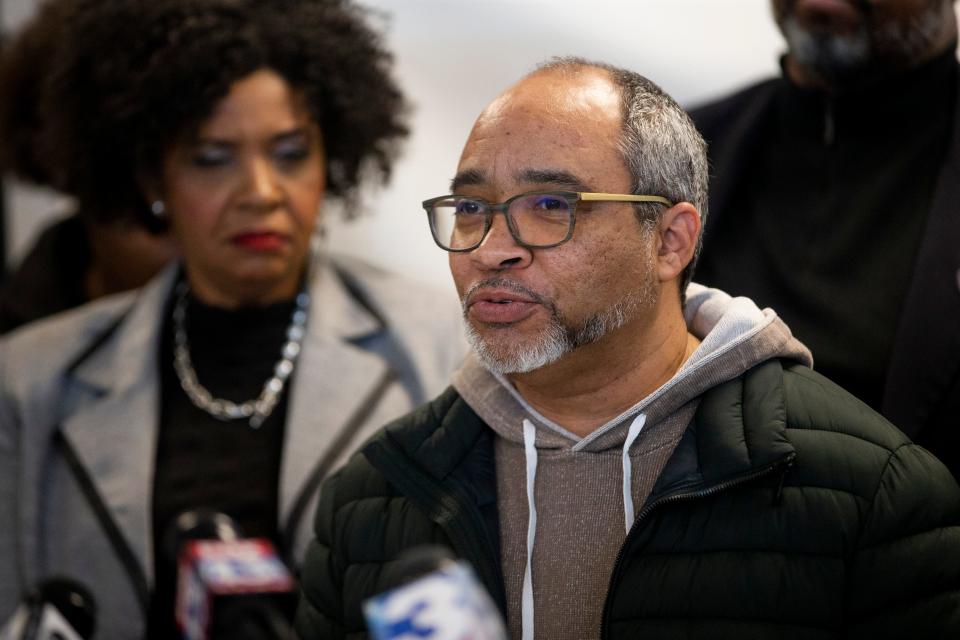 Cardell Orrin, the executive director of Stand for Children TN, speaks at a press conference of local organizers, elected officials, attorneys and activists calling for a Department of Justice pattern-or-practice investigation into the Memphis Police Department at the NAACP Memphis Branch on Friday, February 17, 2023. 
