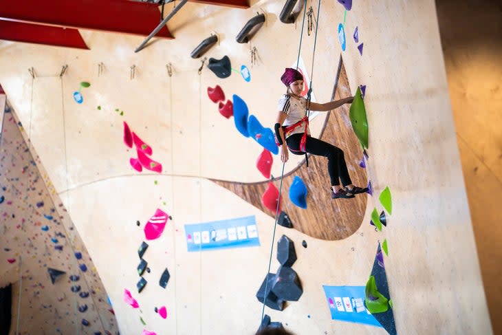 <span class="article__caption">Tanja Glusic of Slovenia competes in the women’s Paraclimbing B1 final at The Front Climbing Club during the 2022 IFSC Paraclimbing World Cup in Salt Lake City.</span> (Photo: Daniel Gajda/IFSC)