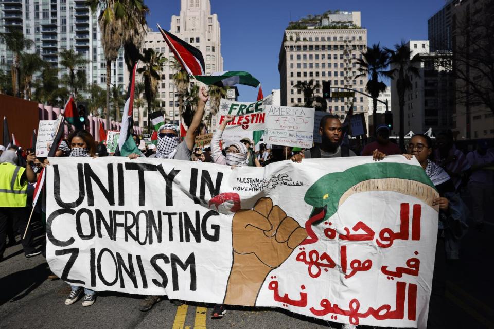 Thousands gather to be a part of The Palestinian Youth Movement demonstration in support of Palestinians at Pershing Square.