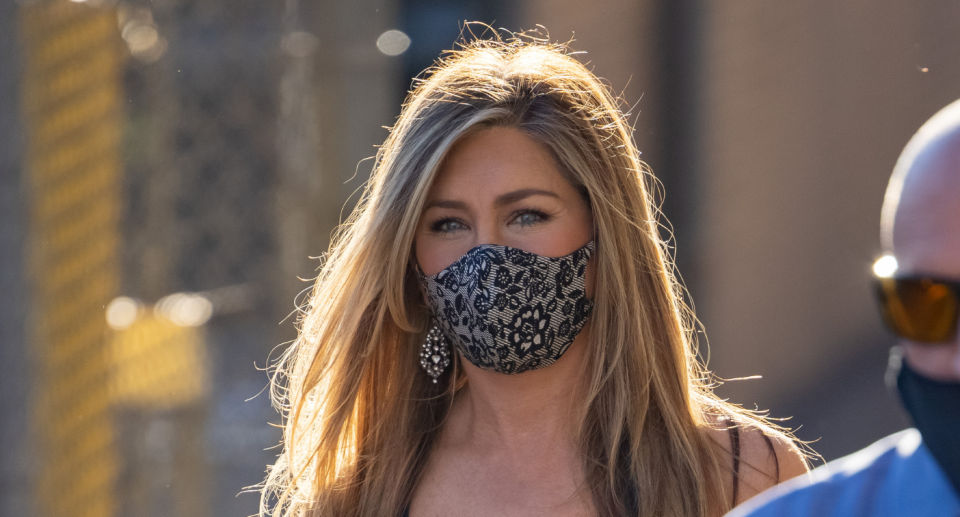 Jennifer Aniston spotted wearing Wolford's Luxury Lace Mask outside of 