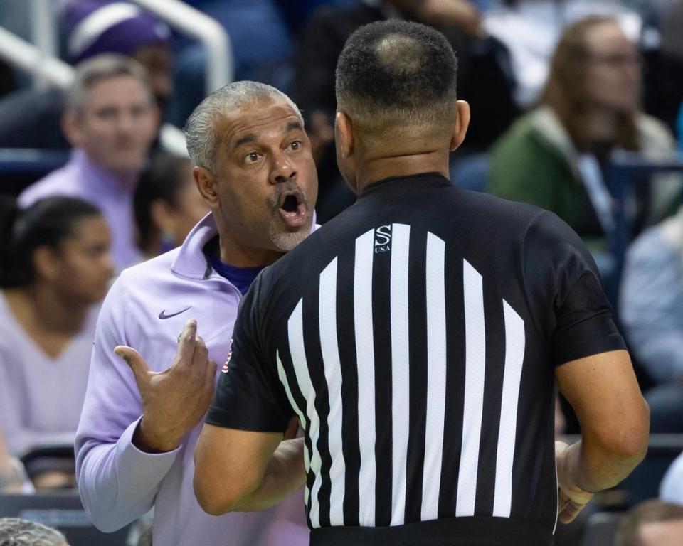 Kansas State coach Jerome Tang has works for the referee during the first half of their second round NCAA Tournament game in Greensboro, NC on Sunday.