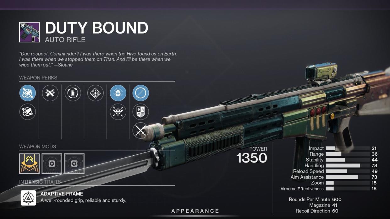 Destiny 2 nightfall weapon - Duty Bound