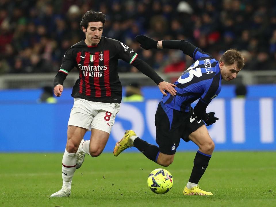 Sandro Tonali battles with Nicolo Barella in the derby (Getty Images)