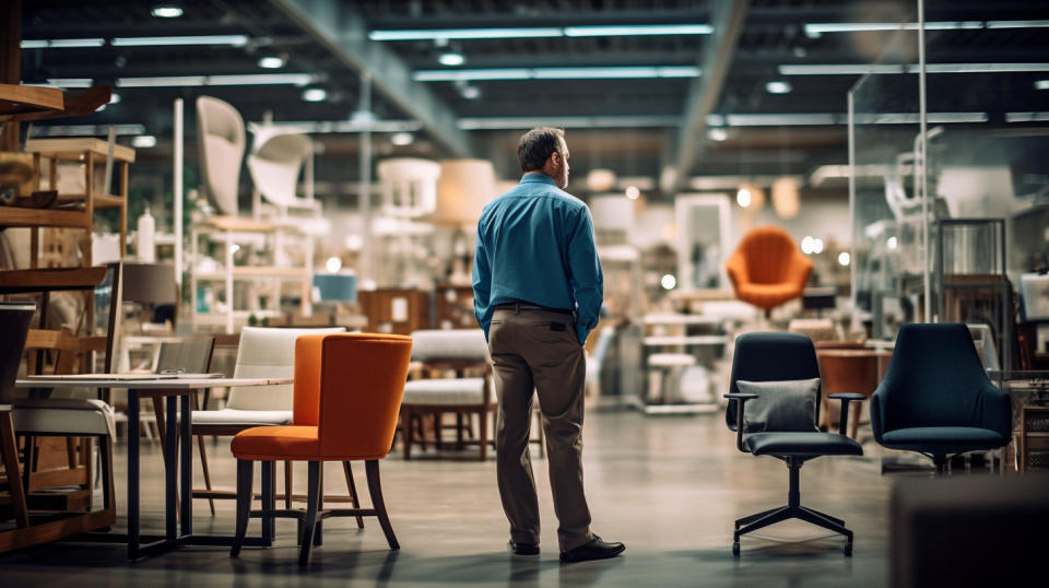 A corporate customer selecting furniture systems and task chairs in a retail store for their office.