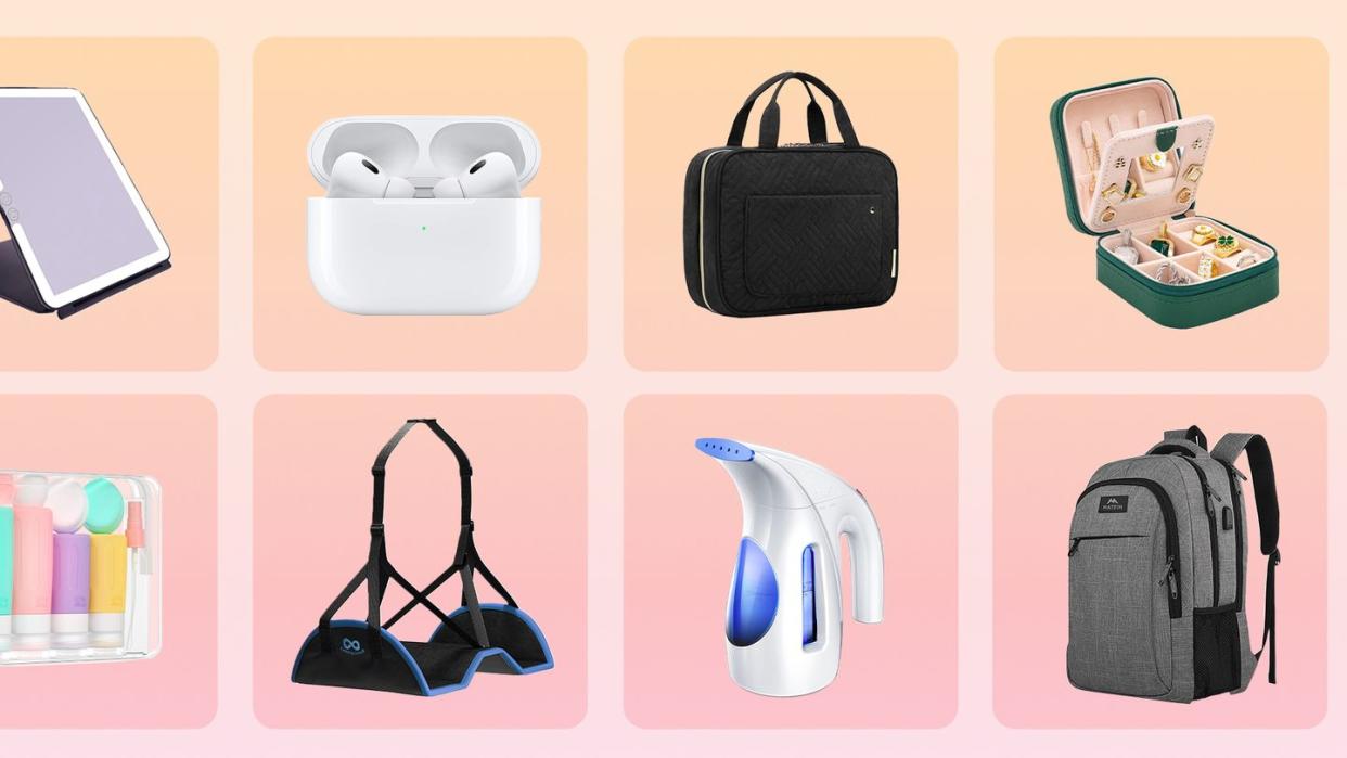 travel mirror, airpods, travel cosmetic case, travel jewelry case, backpack, steamer, foot rest, travel bottles