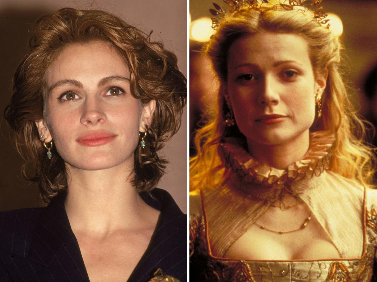 On the left, a photo of Julia Roberts looking up. On the right, a photo of Gwyneth Paltrow as Viola de Lesseps in "Shakespeare in Love."