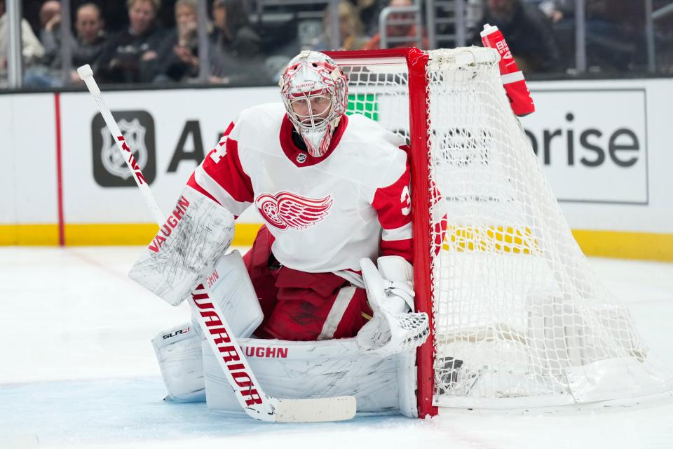 Detroit Red Wings goaltender Alex Lyon guards his net during the second period against the Los Angeles Kings at Crypto.com Arena in Los Angeles on Thursday, Jan. 4, 2024.