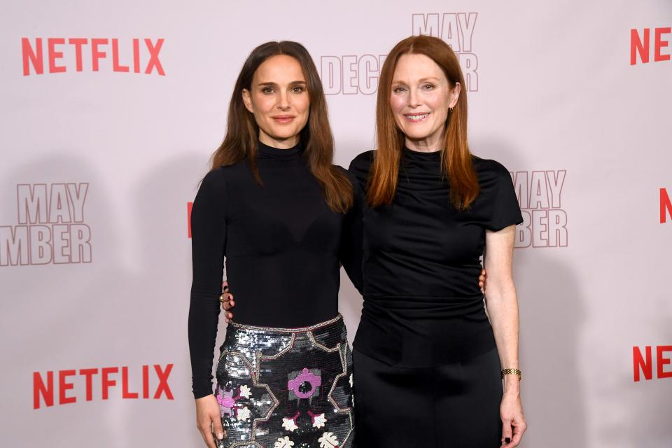 "May December" stars Natalie Portman, left, and Julianne Moore in Los Angeles last month.