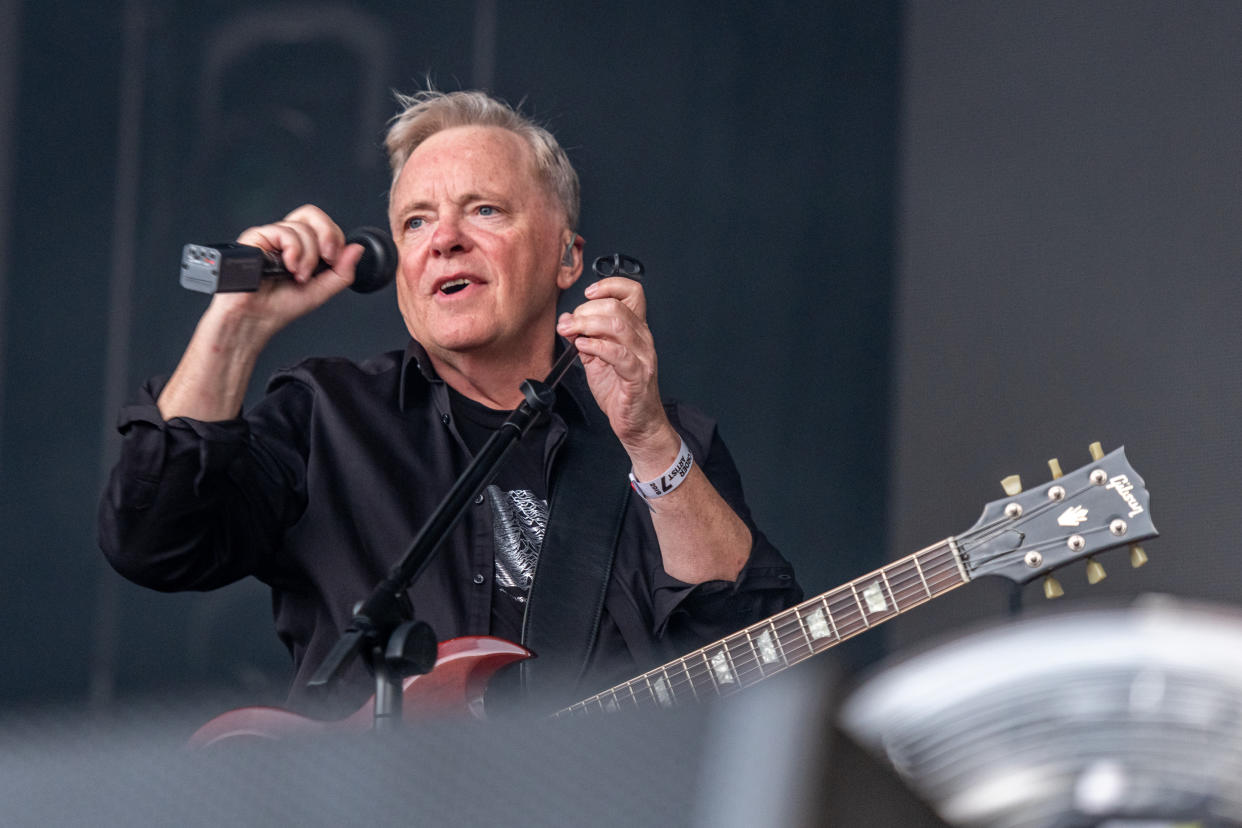 TRINITY COLLEGE, DUBLIN, IRELAND - 2019/07/07: Lead vocalist and guitarist Bernard Sumner performs live on stage with English rock band New Order at the Summer Series Festival in Trinity College, Dublin. (Photo by Ben Ryan/SOPA Images/LightRocket via Getty Images)