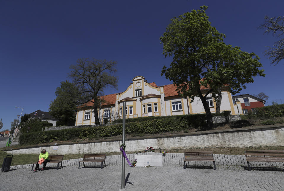 In this photo taken on Thursday, May 7, 2020, a view of the controversial monument to the soldiers of Gen. Andrei Vlasov's army at the Reporyje district in Prague, Czech Republic. Relations between the Czech Republic and Russia have taken a turn for the worse in a series of disputes over the interpretation of historical events. Three Prague politicians whose recent actions upset Russia have been placed under police protection amid a media report that Russian intelligence services have been plotting to poison them with the deadly toxin ricin. Russia has opened a criminal investigation into Prague's removal of a war memorial to a World War II hero, among other actions that have tested diplomatic ties. (AP Photo/Petr David Josek)