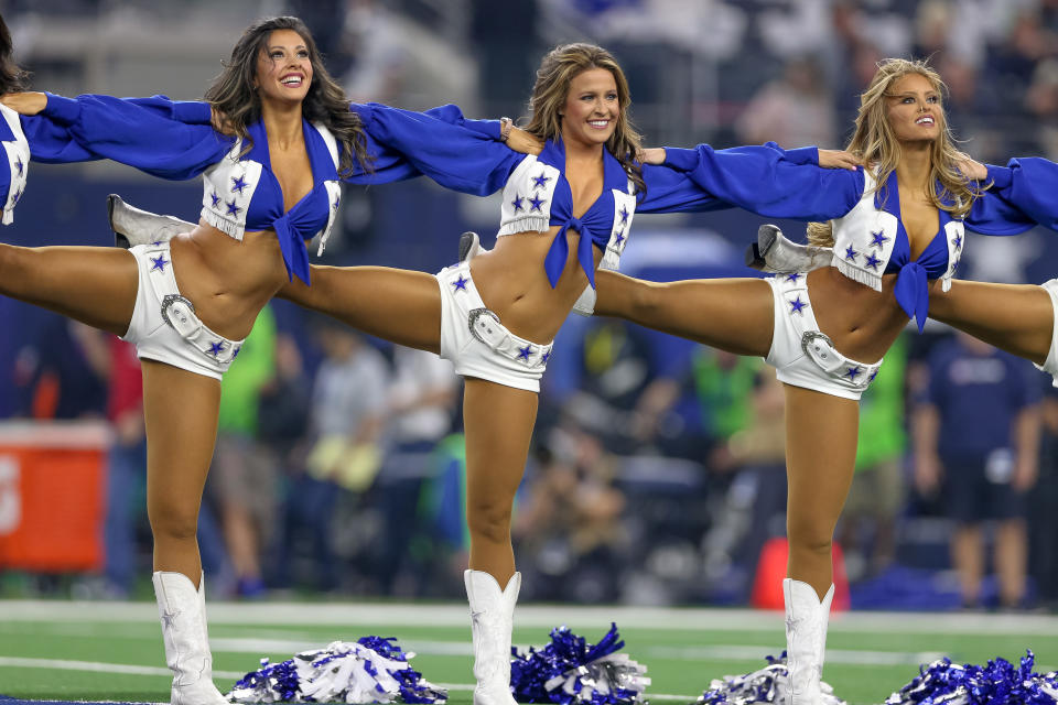 <p>The Dallas Cowboys Cheerleaders perform during the NFC wildcard playoff game between the Seattle Seahawks and Dallas Cowboys on January 5, 2019 at AT&T Stadium in Arlington, TX. (Photo by Andrew Dieb/Icon Sportswire) </p>