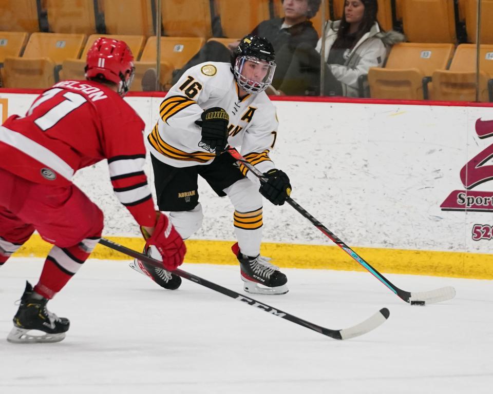 Adrian College's Alessio Luciani (16) moves the puck up ice against Milwaukee School of Engineering's Nigel Nelson (11) during Saturday's game at Arrington Ice Arena.