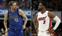 FILE - At left, in a Feb. 6, 2019, file photo, Dallas Mavericks forward Dirk Nowitzki (41) runs up court during an NBA basketball game against the Charlotte Hornets, in Dallas. At right, in a Nov. 23, 2018, file photo, Miami Heat guard Dwyane Wade looks around during the first half of an NBA basketball game against the Chicago Bulls, in Chicago. Miami's Dwyane Wade and Dallas' Dirk Nowitzki accepted honorary All-Star roles to help the NBA celebrate two long and decorated careers. It should also be a chance for the two-time Finals foes to go out on amicable terms after a shared history that Nowitzki acknowledged was "frosty" at times. (AP Photo/File)