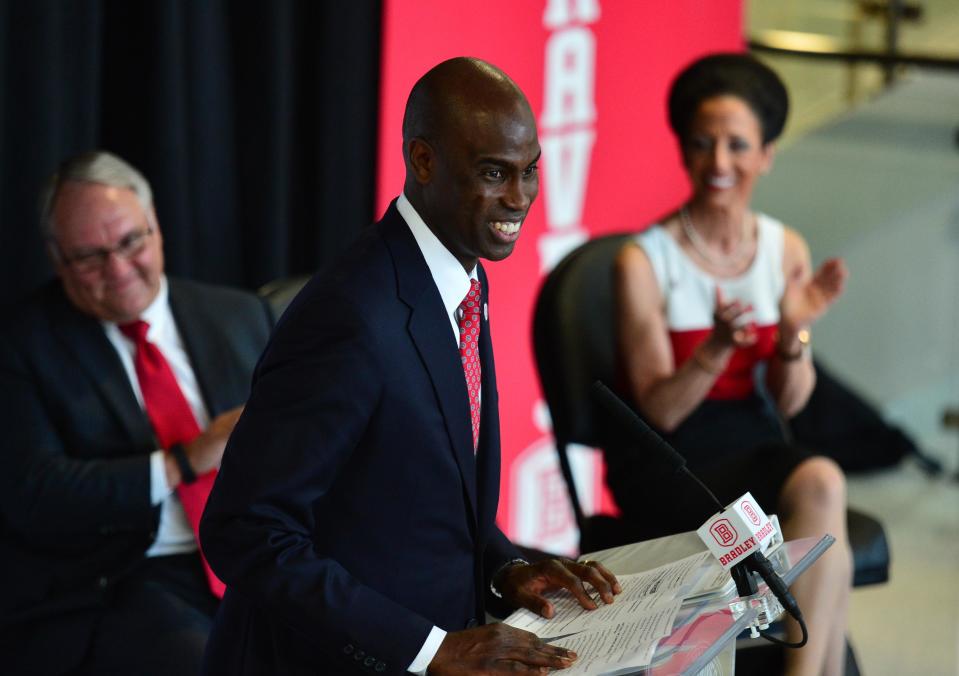 Chris Reynolds is introduced as Bradley's new athletic director in 2015at Renaissance Coliseum. Reynolds, a native Peorian, was a two-time all-state guard at Peoria High and helped lead Indiana to the NCAA Final Four.